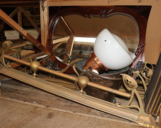 2 brass art nouveau fenders, copper bucket, firescreen & mirror etc.